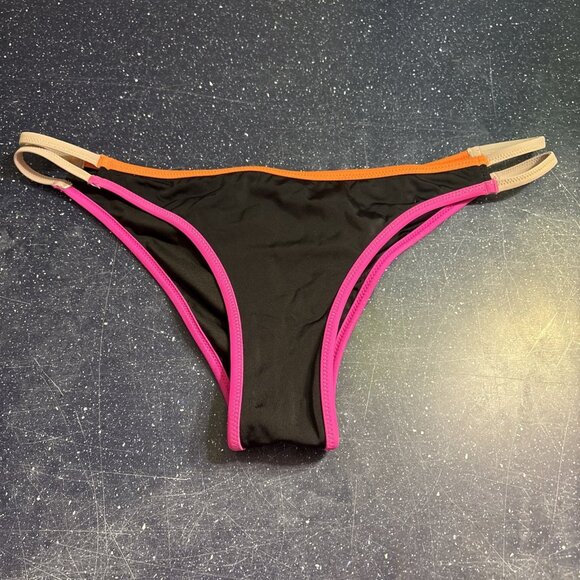 Victoria's Secret NWOT Bikini Bottom Black w/Pink Orange Gray Trim Hi-Cut Sz L - Picture 1 of 9
